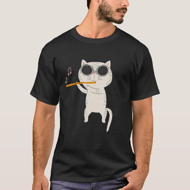 Cat Wearing Sunglasses And Playing Flute T-Shirt (Front)