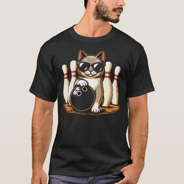 Cat Wearing Sunglasses Playing Bowling Cat T-Shirt (Front)