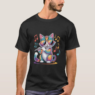Cat Wearing Sunglasses Playing Flute Colorful Cat  T-Shirt