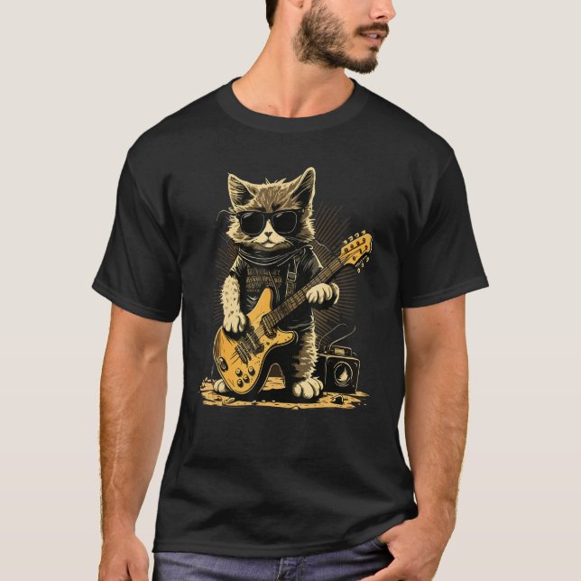 Cat wearing sunglasses playing Guitar Guitarist T-Shirt (Front)