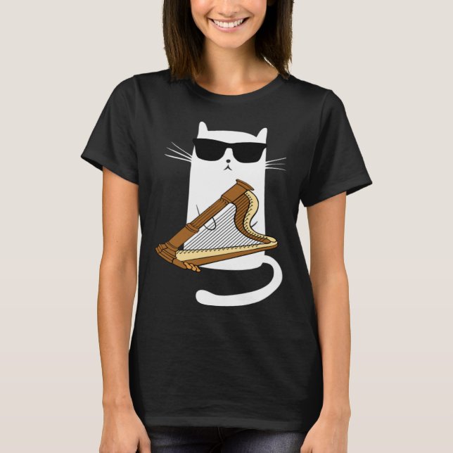Cat Wearing Sunglasses Playing Harp T-Shirt (Front)