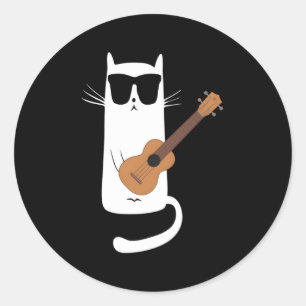 Cat Wearing Sunglasses Playing Ukulele Classic Round Sticker