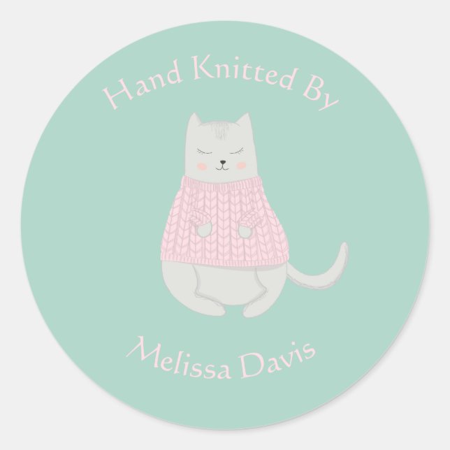 Cat Wearing Sweater Personalized Knitted by Classic Round Sticker (Front)
