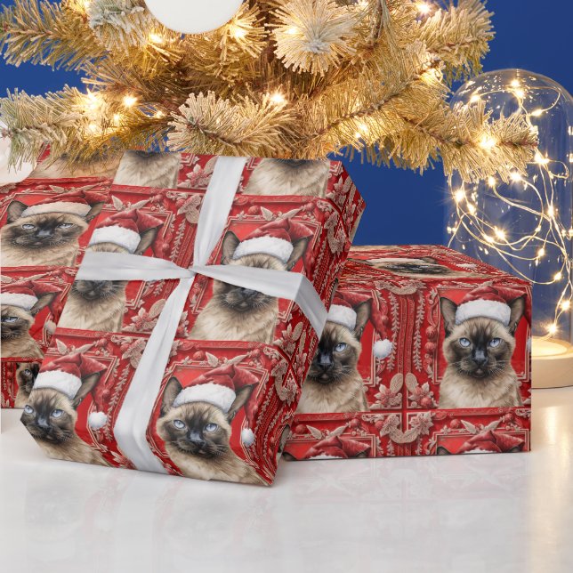 Cat wears Santa Hat for Christmas themed Party  Wrapping Paper (Holidays)