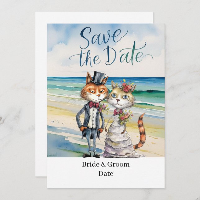 Cat Wedding Beach Wedding Themed Invitation (Front/Back)