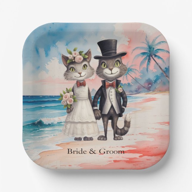 Cat Wedding Beach Wedding Themed Paper Plate (Front)