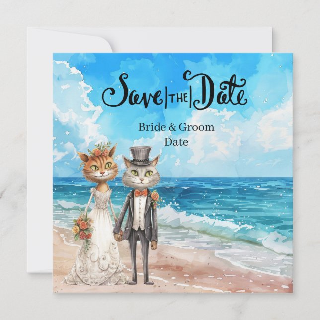 Cat Wedding Beach Wedding Themed Save The Date (Front)