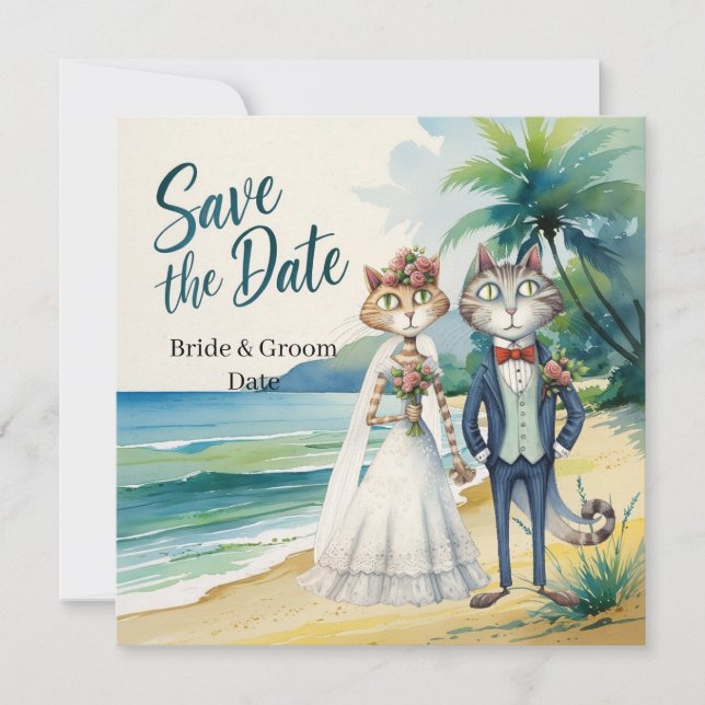 Cat Wedding Beach Wedding Themed Save The Date (Front)