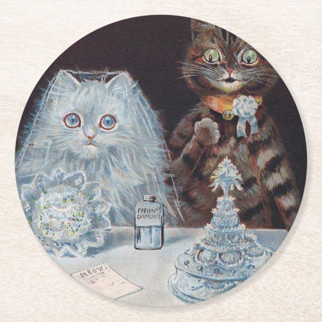 Cat Wedding, Marriage, Bride, Louis Wain Round Paper Coaster (Front)