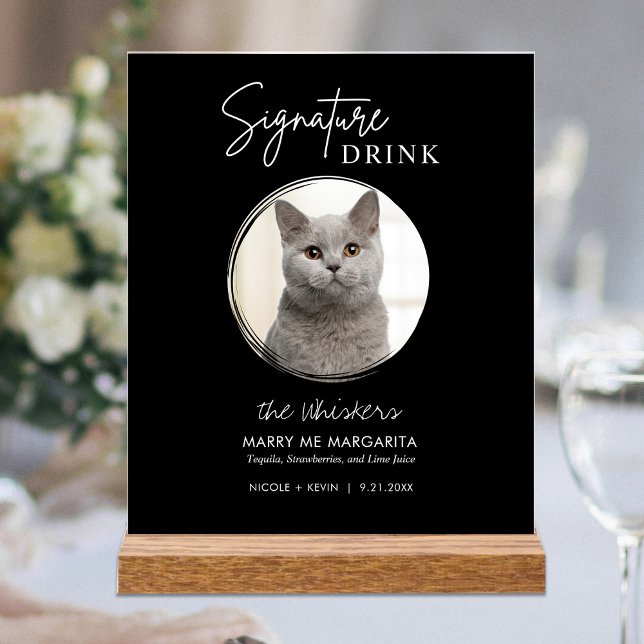 Cat Wedding Signature Drinks Cocktail Bar Black Acrylic Sign (Creator Uploaded)