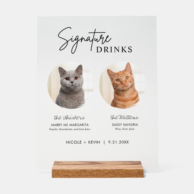 Cat Wedding Signature Drinks Cocktail Bar Frosted Acrylic Sign (Front)