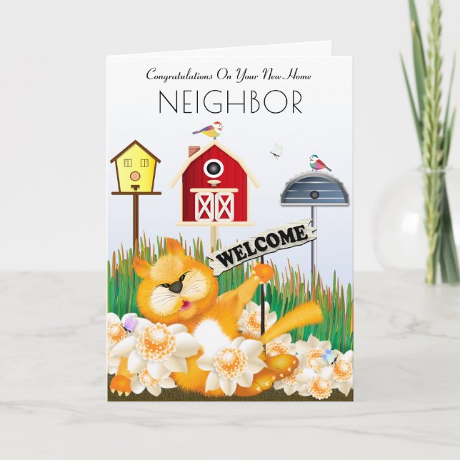 Cat Welcomes Birds To The Neighbourhood | New Home Card (Front)