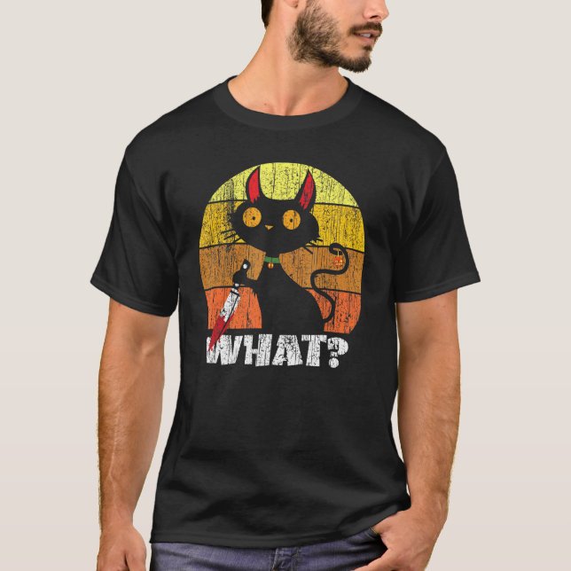 Cat What Black Cat Murderous Cat With Knife T-Shirt (Front)