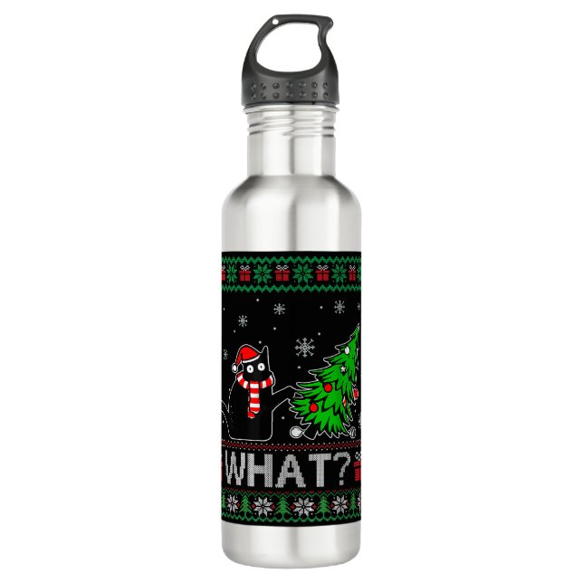 Cat What Funny Black Cat Pushing Christmas Tree 710 Ml Water Bottle (Front)