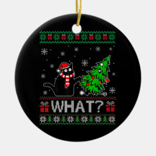Cat What Funny Black Cat Pushing Christmas Tree Ceramic Ornament