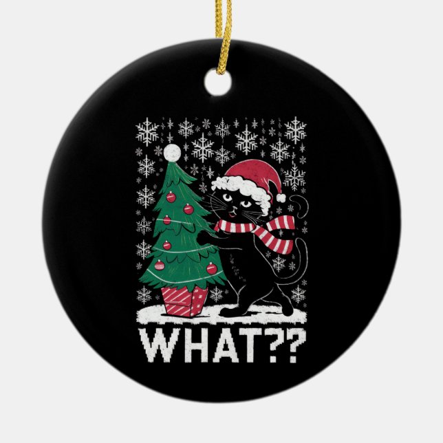 Cat What Funny Black Cat Pushing Christmas Tree  Ceramic Ornament (Front)