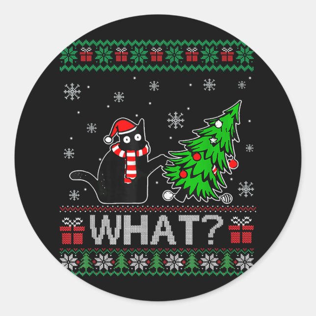 Cat What Funny Black Cat Pushing Christmas Tree Classic Round Sticker (Front)