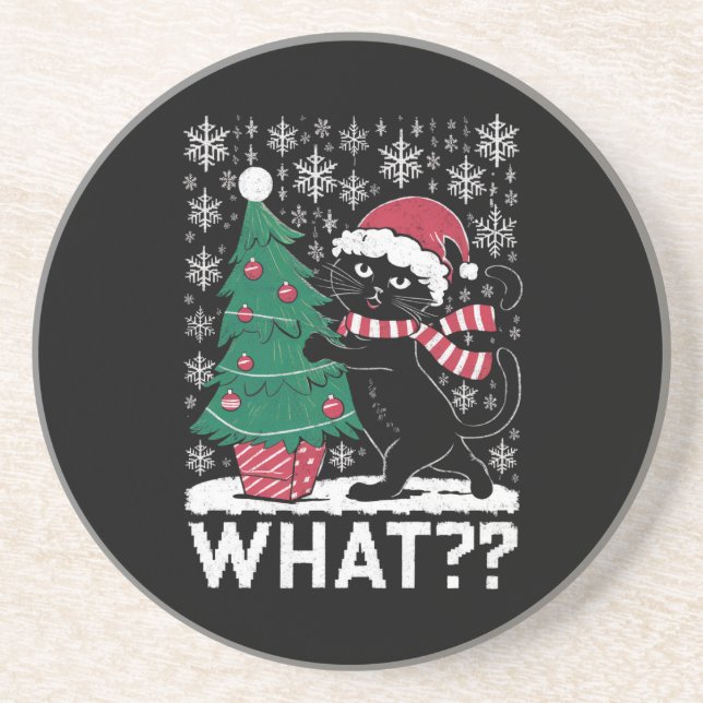 Cat What Funny Black Cat Pushing Christmas Tree  Coaster (Front)