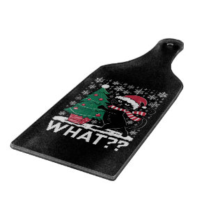 Cat What Funny Black Cat Pushing Christmas Tree  Cutting Board