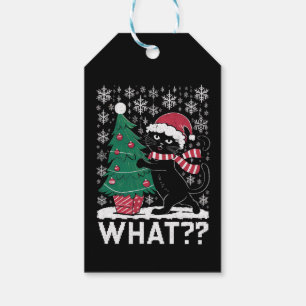 Cat What Funny Black Cat Pushing Christmas Tree  Gift Tags