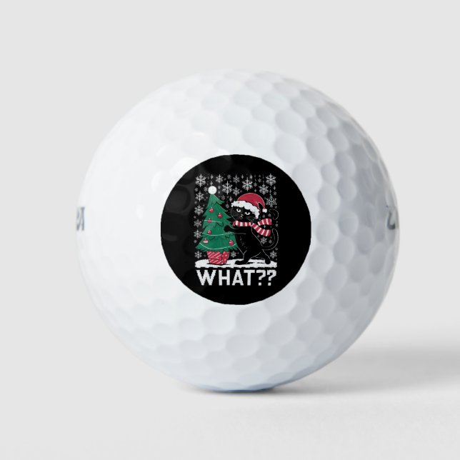 Cat What Funny Black Cat Pushing Christmas Tree  Golf Balls (Front)
