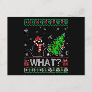 Cat What Funny Black Cat Pushing Christmas Tree Holiday Postcard
