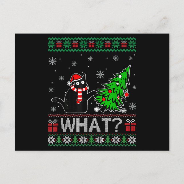 Cat What Funny Black Cat Pushing Christmas Tree Holiday Postcard (Front)