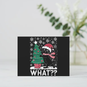 Cat What Funny Black Cat Pushing Christmas Tree Holiday Postcard
