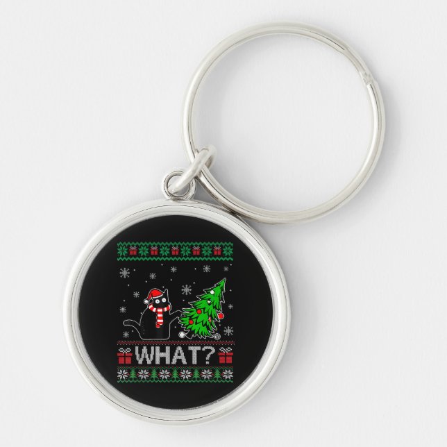 Cat What Funny Black Cat Pushing Christmas Tree Keychain (Front)