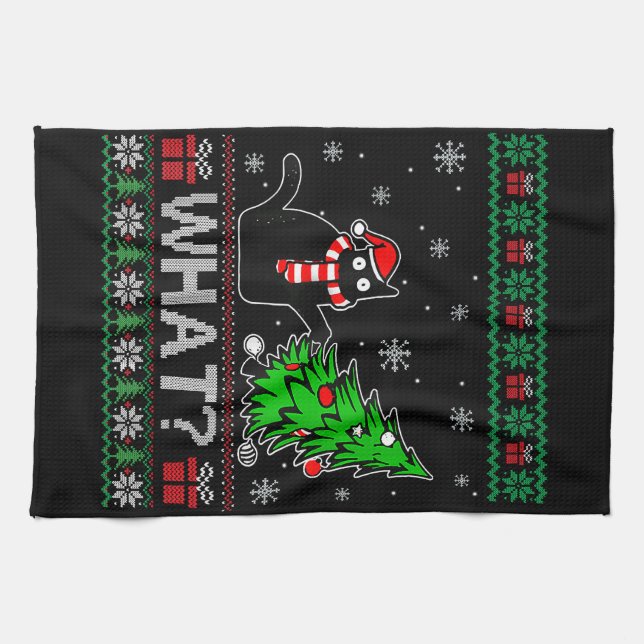 Cat What Funny Black Cat Pushing Christmas Tree Kitchen Towel (Horizontal)