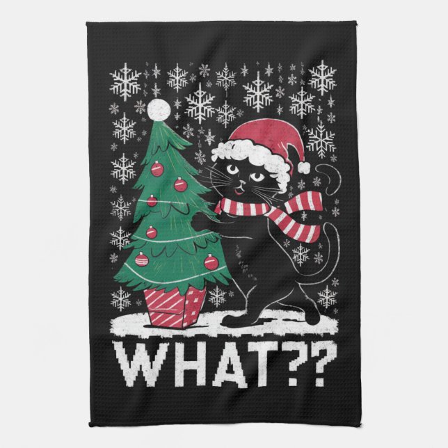 Cat What Funny Black Cat Pushing Christmas Tree  Kitchen Towel (Vertical)
