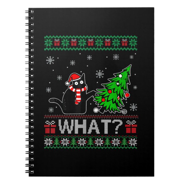 Cat What Funny Black Cat Pushing Christmas Tree Notebook (Front)