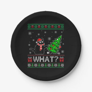 Cat What Funny Black Cat Pushing Christmas Tree Paper Plate