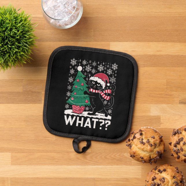 Cat What Funny Black Cat Pushing Christmas Tree  Pot Holder (Top Down)