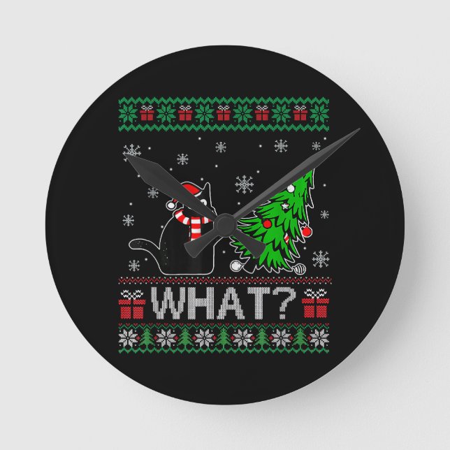 Cat What Funny Black Cat Pushing Christmas Tree Round Clock (Front)