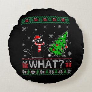 Cat What Funny Black Cat Pushing Christmas Tree Round Pillow