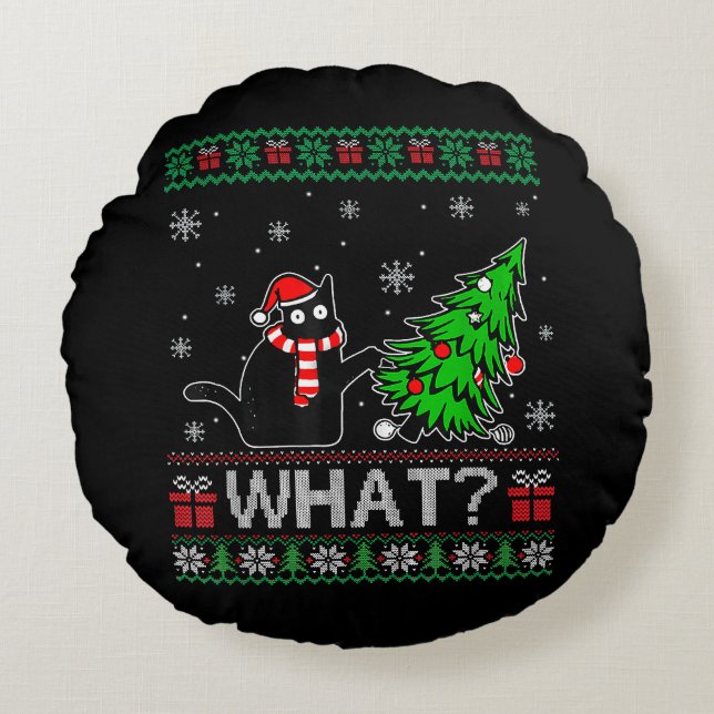 Cat What Funny Black Cat Pushing Christmas Tree Round Pillow (Front)