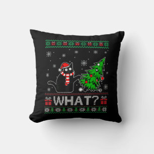 Cat What Funny Black Cat Pushing Christmas Tree Throw Pillow