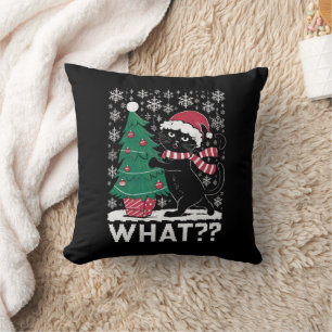 Cat What Funny Black Cat Pushing Christmas Tree Throw Pillow