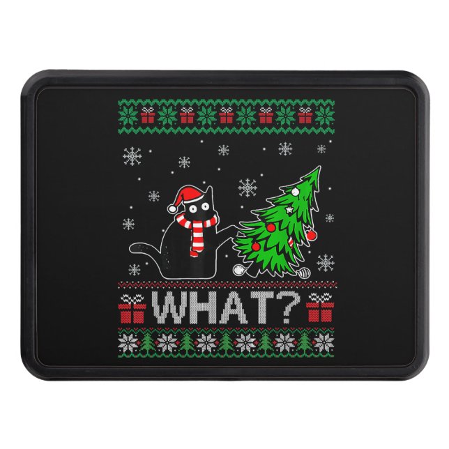 Cat What Funny Black Cat Pushing Christmas Tree Trailer Hitch Cover (Front)