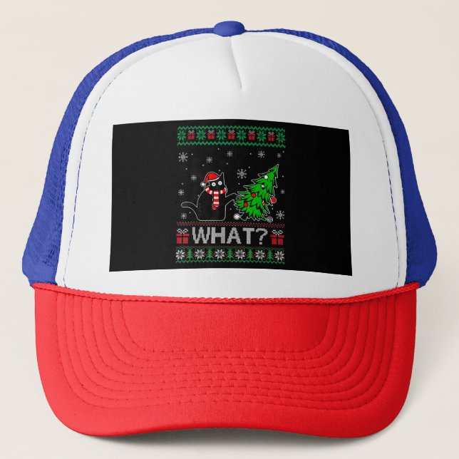 Cat What Funny Black Cat Pushing Christmas Tree Trucker Hat (Front)