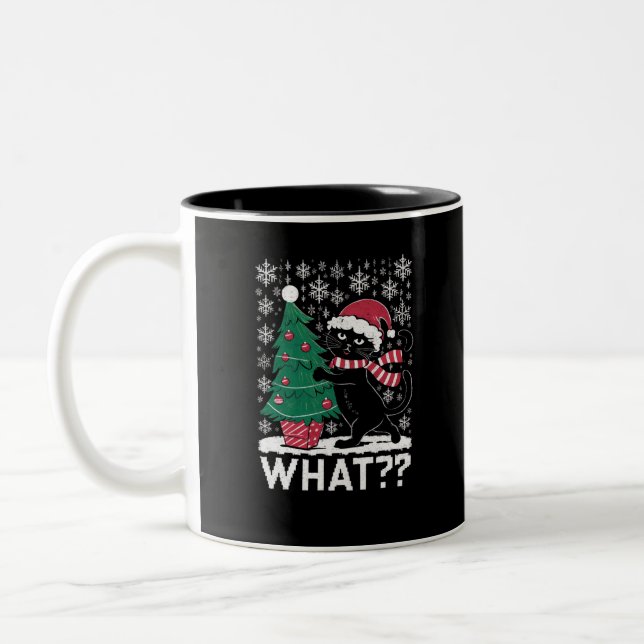 Cat What Funny Black Cat Pushing Christmas Tree  Two-Tone Coffee Mug (Left)