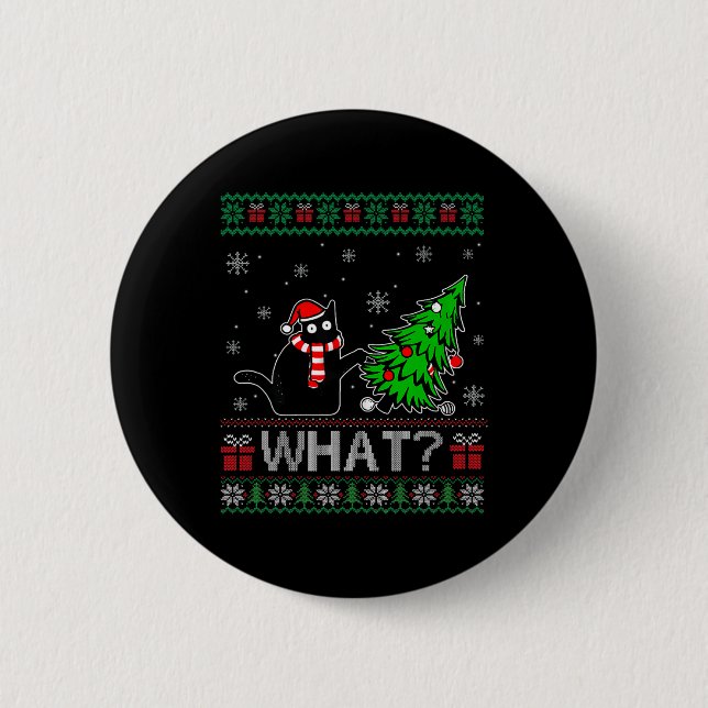 Cat What Funny Black Cat Pushing Christmas Tree Ug 2 Inch Round Button (Front)