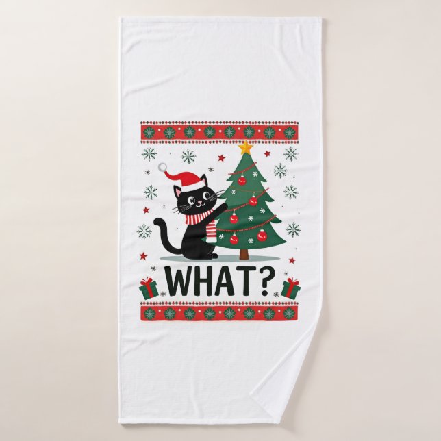 Cat What Funny Black Cat Pushing Christmas Tree Ug Bath Towel (Bath Towel)