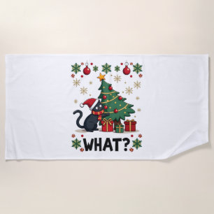 Cat What Funny Black Cat Pushing Christmas Tree Ug Beach Towel
