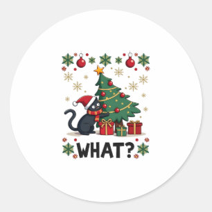 Cat What Funny Black Cat Pushing Christmas Tree Ug Classic Round Sticker