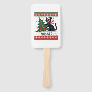 Cat What Funny Black Cat Pushing Christmas Tree Ug Hand Fan