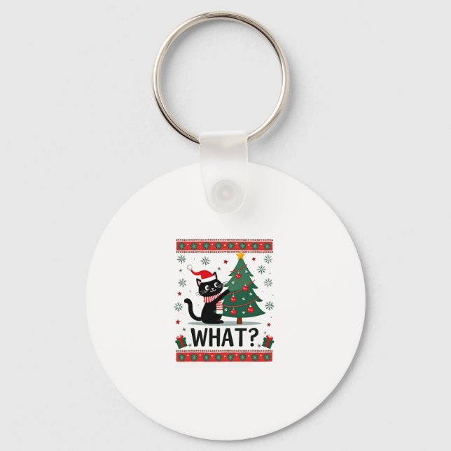 Cat What Funny Black Cat Pushing Christmas Tree Ug Keychain (Front)