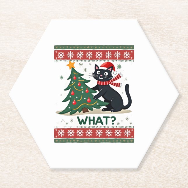 Cat What Funny Black Cat Pushing Christmas Tree Ug Paper Coaster (Front)