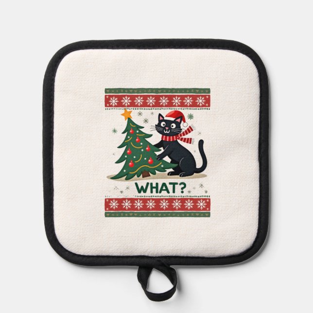 Cat What Funny Black Cat Pushing Christmas Tree Ug Pot Holder (Front)